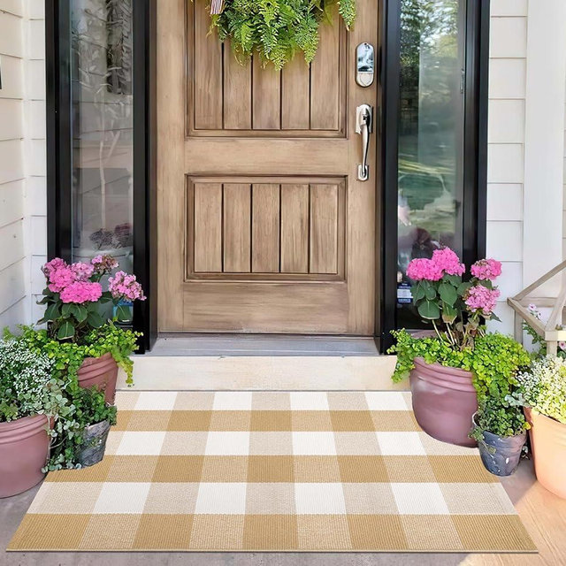 Front Door Mat Outdoor 24''x35''Khaki and White Washable Entryway Rugs Cotton Farmhouse Layered Doormat for Hello/Welcome Entryway,Porch,Bedroom,Bathroom