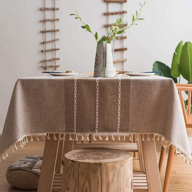 Lipo Waterproof Rectangle Tablecloth Burlap Embroidery - Linen Table Cloth Rustic Fabric Heavy Duty Rustic Embedded Table Runner Outdoor Tablecloths Gingham Table Cover for 6 Foot Tables 55x70 Coffee