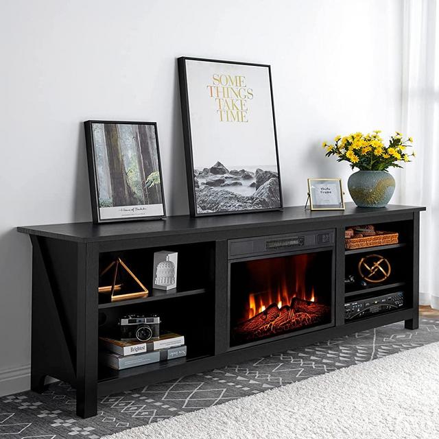 Amerlife Fireplace TV Stand, Wood Texture Entertainment Center with 23" Electric Fireplace, Farmhouse Entertainment Stand Media TV Console for TVs Up to 80", 70 inches, Black