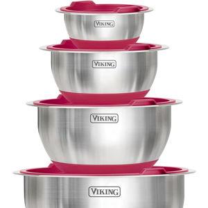 VIKING Mixing Bowls Set, 10 Piece Stainless Steel Kitchen Cookware, Non-Slip Silicone Base, Includes Tight Fit Lids, Dishwasher Safe, Red