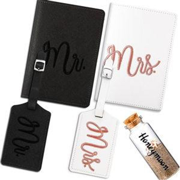 Weewooday 5 Pieces Mr and Mrs Passport Cover Holders And Luggage Tags Valentine's Day Gift Honeymoon Set with Sand Keepsake Jar Bridal Shower Gift for Wedding Engagement Newlyweds Couples