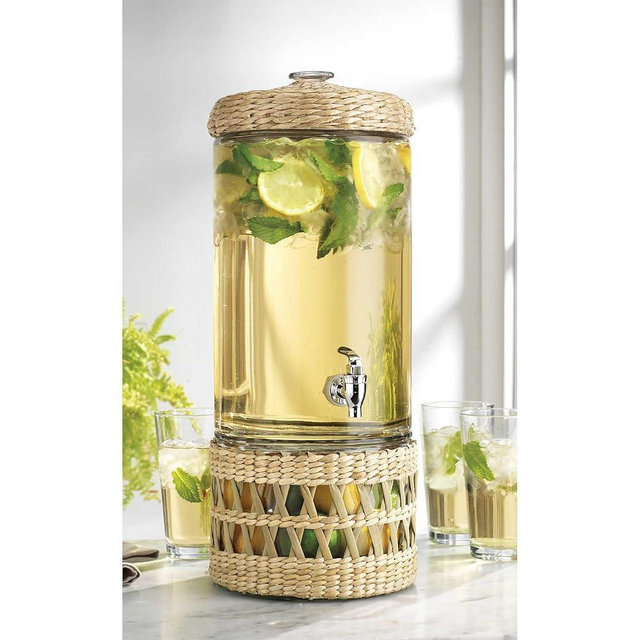 Merveille Glass Beverage Dispenser with Rattan Wrap, 2 Gallon Capacity, Leakproof Spigot, Decorative Stand, Glass Lid