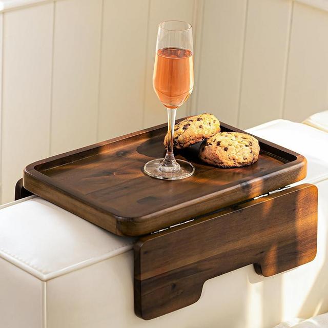 HOLANA Acacia Wood Sofa Armrest Tray - 13.75 x 9.5in Double Hinge Sofa Arm Tray Table Clip - Couch Arm Table - Wooden Side Tables for Small Spaces for Eating and Drink (Walnut)