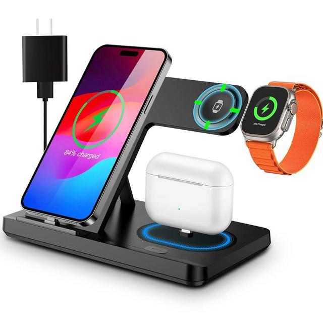 Charging Station for iPhone Multiple Devices,Foldable Wireless Charger,3 in 1 Fast Wireless Charging Dock Stand for Apple Watch & AirPods iPhone 14 13 12 11 Pro X Max XS XR 8 7 Plus 6s with Adapter