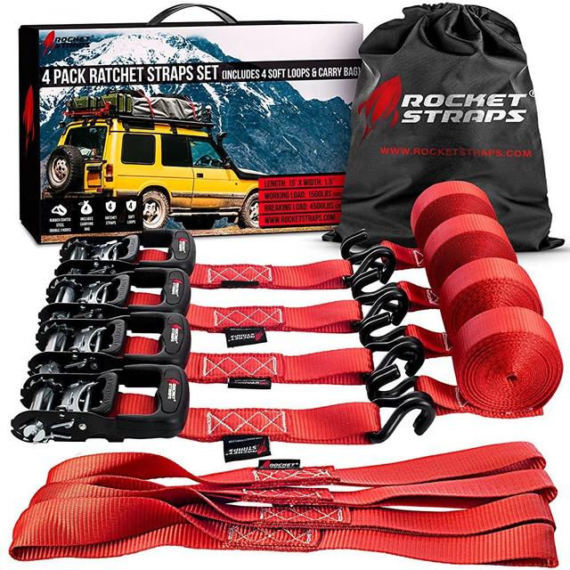 Rocket Straps - Heavy Duty Ratchet Straps | 1.5" x 15' - 4500lbs Break Strength Ratchet Tie Down Straps | 4 Ratchets & 4 Soft Loops | Ratchet Strap Bag | Uses Moving, Motorcycle, Trailer & Trucks