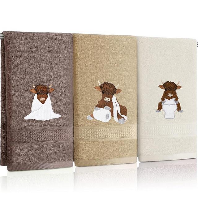 FuWeave 3 Pcs Highland Cow Hand Towels Embroidered Cow Farmhouse Decorative Bathroom Towels for Bathroom Kitchen Decor, 100% Cotton, 13.3 x 29.5''