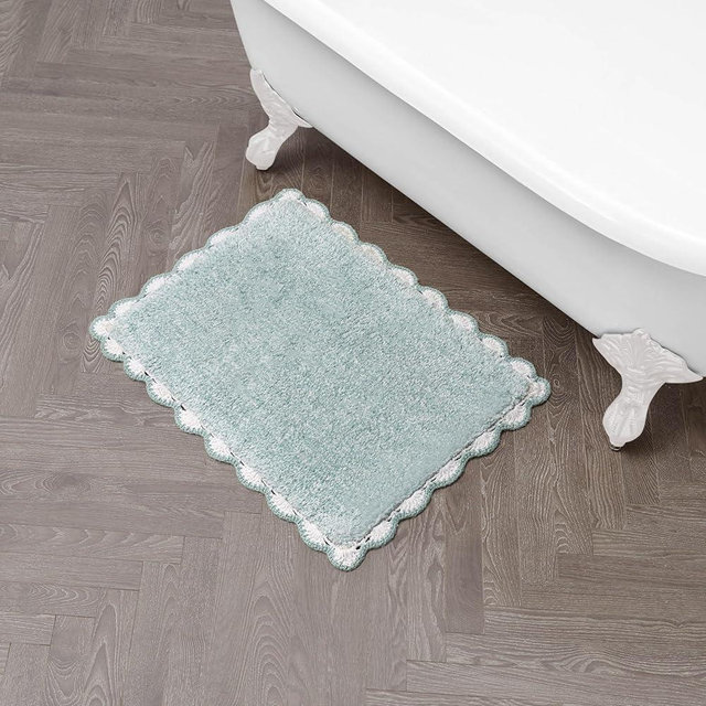 Laura Ashley Heathered Crochet Border 100% Cotton 17" x 24" Skid-Resistant Bath Rug, Aqua