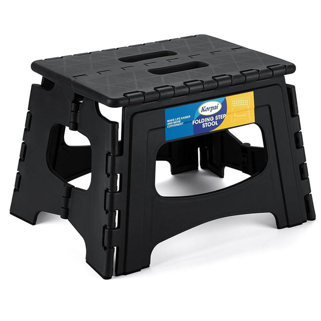 Korpai Upgrade 9" Folding Step Stool for Adults and Kids Holds Up to 300 lbs,Non-Slip Folding Stools with Portable Handle, Compact Plastic Foldable Step Stool for Bathroom, Kitchen,Black,1 PC