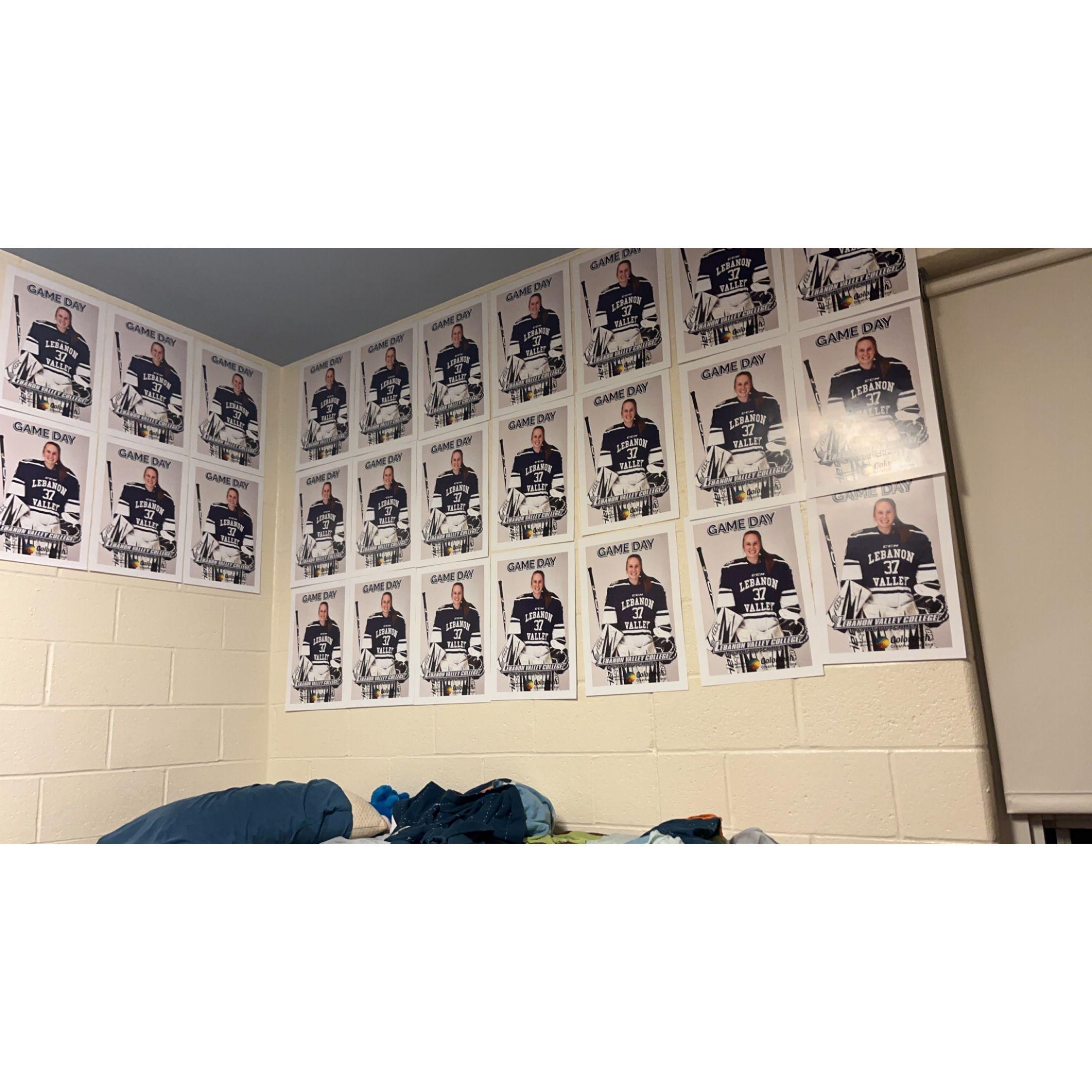 Olivia's team will print off gameday posters for each of the players. Pranked Cody and hung them all up in his dorm room. Rumor has it they fell on him during the night, for the next month.
