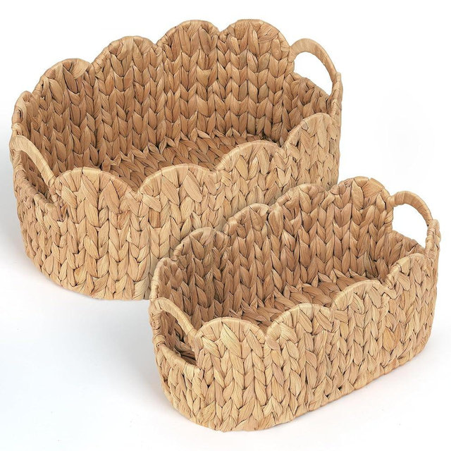 iEGrow Scalloped Wicker Basket, Set of 2 Hand-Woven Natural Rattan Baskets with Built-in Handles, Water Hyacinth Storage Oval Cute Baby Baskets for Nursery, Organizing, Decor and Shelves