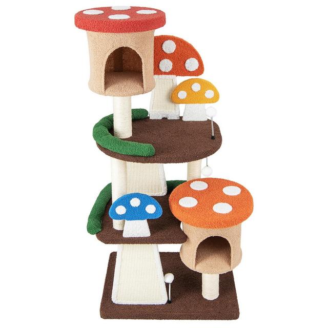 Tangkula Wooden Cat Tree w/ Sisal Scratch Board & Post Padded Perch Hanging Toys Modern