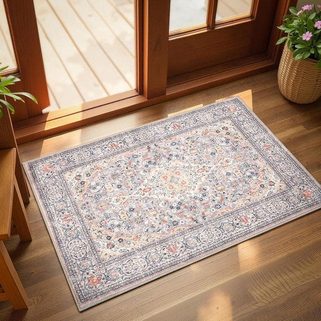 Flagover Small Washable Area Rug, 2x3 Boho Vintage Entryway Rugs, Soft Non Slip Floral Door Mat, Aesthetic Low Pile Carpet for Front Door Entry Carpets Entrance Bedroom Kitchen, Beige/Multi