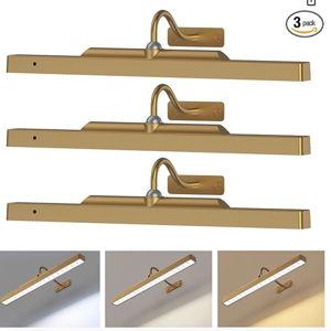 Picture Light Battery Rechargeable, 3Pack Picture Light for Wall with Remote, 3 Color Modes and Dimmable Classic Art Lights for Paintings, Pictures in Gallery, Bedroom, with Timer_Antique Gold
