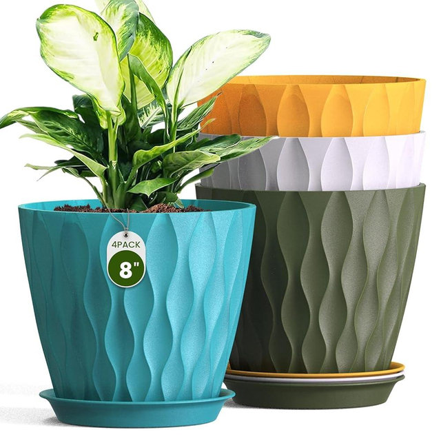 Areutxbis Plastic Plant 8 Inch, 4 Pack with Drainage Holes & Saucers, Water Wave Decorative Plant Pots for Indoor Outdoor Plants, Patio, Garden, Home Decor (Multicolor)
