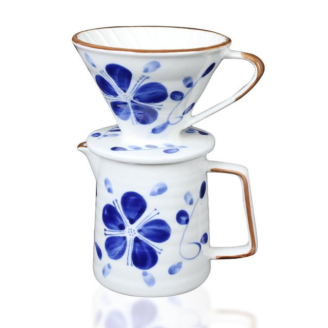 PUNNIO Ceramic Pour Over Coffee Dripper Set, Porcelain Pourover Coffee Dripper for 1–4 Cups, V60 (White & Blue)