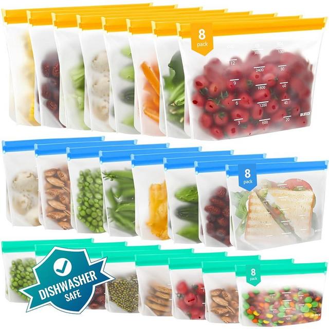 Dishwasher Safe Food Storage Bags Stand Up, 24Pack Reusable Gallon Freezer Bags, Reusable Bags Various Size-8 Gallon Bags+8 Sandwich Bags+8 Snack Bags,BPA Free Reusable Silicone Bags(24Pack)