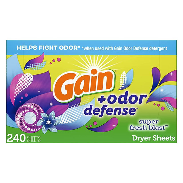 Gain + Odor Defense Dryer Sheets, Super Fresh Blast Scent Fabric Softener Sheets, 240 ct