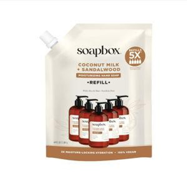 Soapbox Coconut Milk & Sandalwood Liquid Hand Soap Refill, Moisturizing Hand Wash - Gentle Cleanser for Hands - Clean Ingredients Free of Harsh Chemicals, Sulfates, Parabens & Silicones - 64 oz