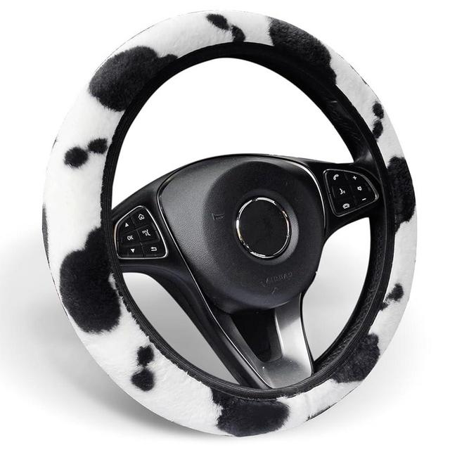 ALEMODR Cow Print Plush Steering Wheel Cover Fluffy Winter Warm Universal 15 inch for Women Girls