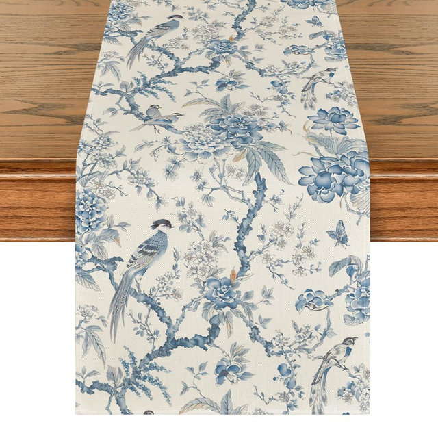 Artoid Mode Peacock Flower Chinoiserie Pompon Fall Table Runner, Seasonal Modern Kitchen Dining Table Decoration for Home Party Decor 13x108 Inch