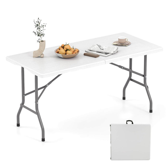Costway 5 FT Portable Folding Picnic Table with Wood Grain HDPE Tabletop & Metal Frame White