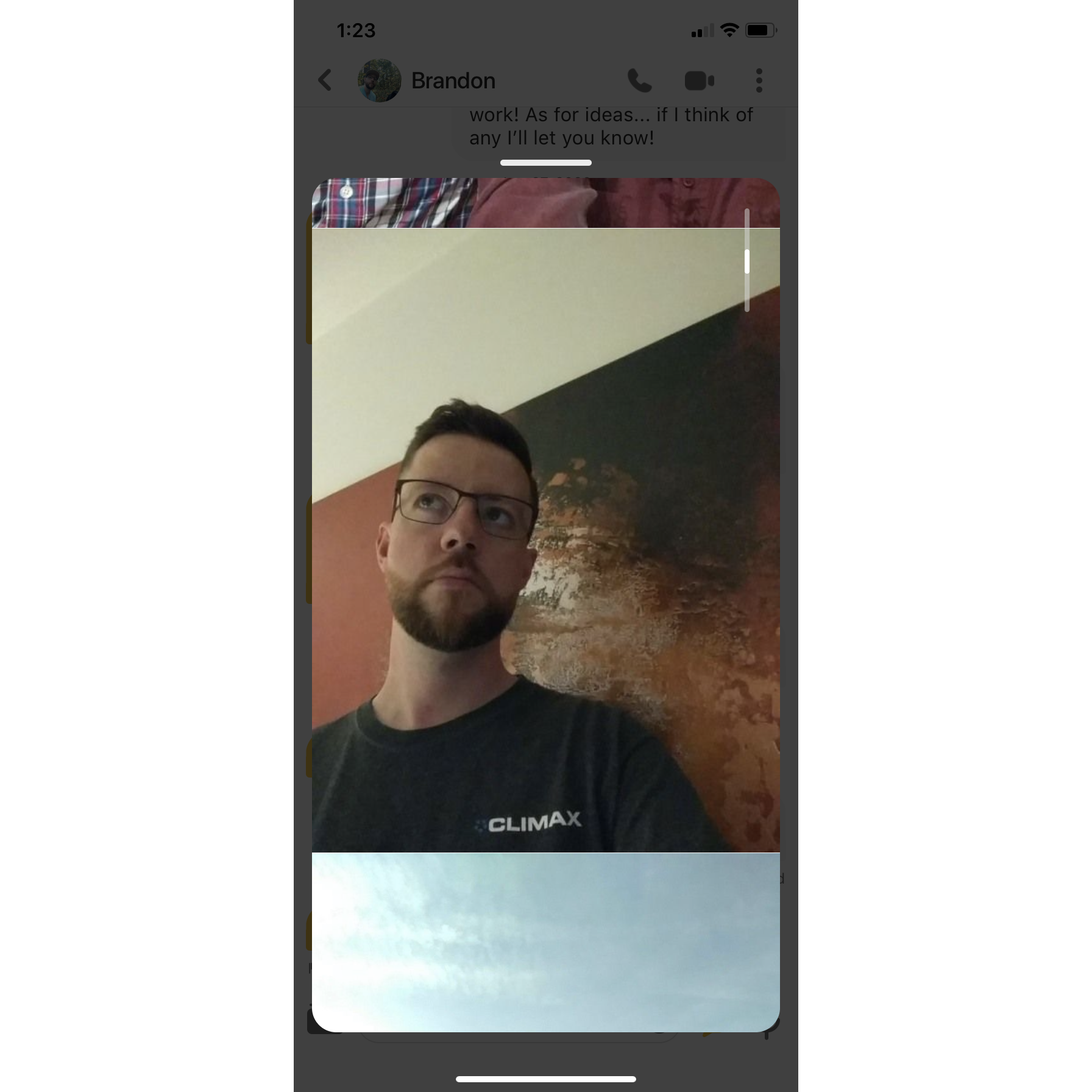 Photographic proof: Brandon's "climax" shirt on his Bumble dating profile.