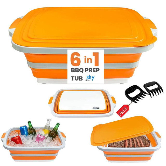 SKYIDEA Collapsible BBQ Prep Tub with Lid - XL 4.22 GAL Folding Cutting Board & Food Basin for Outdoor Cooking, Marinating Container, Space Saving Prep Station