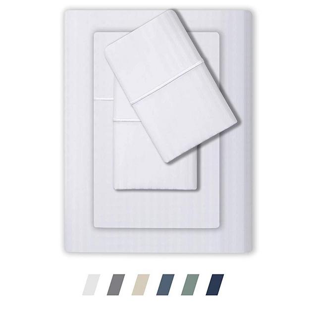 Feather & Stitch 500 Thread Count 100% Cotton Stripe Sheets + 2 Pillowcases, Soft Sateen Weave, Deep Pocket, Hotel Collection, Luxury Bedding Set (White, King)