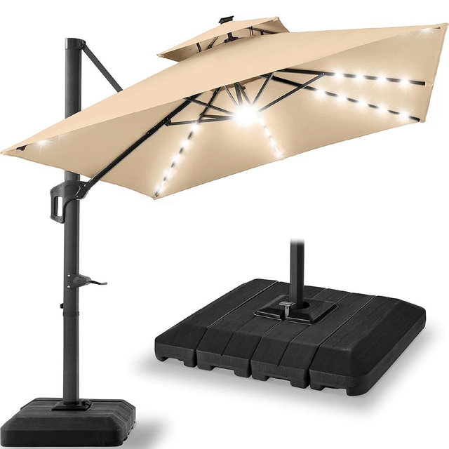 Best Choice Products 12x12ft LED Cantilever Patio Umbrella w/Base Included & 360° Rotation, Large Solar Offset Hanging Outdoor Sun Shade for Deck, Backyard Table w/Stand & Lights – Sand