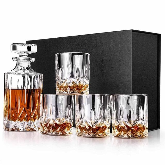Denkee Whiskey Decanter Set, 750ml Crystal Whiskey Decanter with 4 Glasses for Bourbon, Rum, Scotch, Liquor Decanter Gift Set for Men Dad Boyfriend Birthday Anniversary