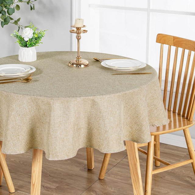 JIUZHEN Round Table Cloth Faux Linen Farmhouse Tablecloth Wrinkle and Stain Resistant Decorative Fabric Table Cover for Kitchen, Dining Room, Parties and Camping, Beige, 70 Inch Round