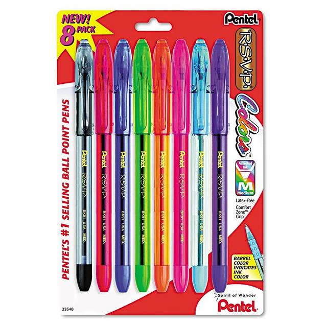 Pentel BK91CRBP8M R.S.V.P. Stick Ballpoint Pen, 1mm, Assorted Barrel, Assorted Ink, 8/Set