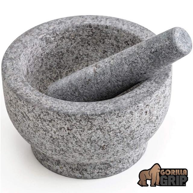 Gorilla Grip Original Mortar and Pestle, 6 Inch, Holds 2 Cups, Slip Resistant Bottom, Large Heavy Duty Unpolished Granite, Guacamole Molcajete Bowl, Kitchen Spices, Herbs, Pesto Grinder, Medium Size