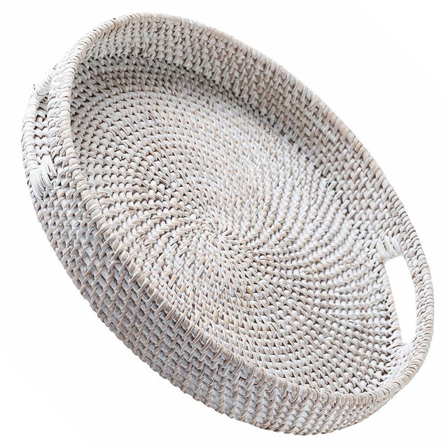 JUNGLE CULTURE Large Rattan Serving Tray 14" in Whitewash • Round Table Basket • Wicker Ottoman Trays with Handles for Coffee Table, Bed Side or Couch • Flat Circle Woven Tray • Boho Farmhouse Decor