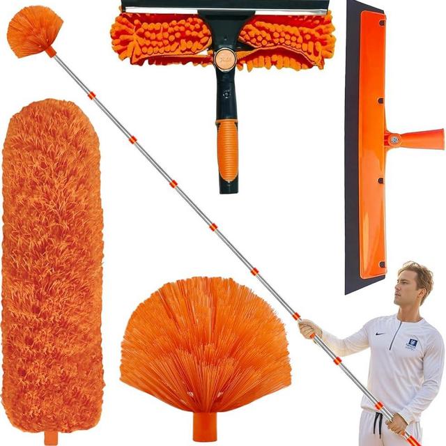 20+ Feet High Reach Duster Kit with 3-14 ft Extension Pole // High Ceiling Dusting and Window Cleaning Kit with Spliceable Pole - Window Washer & Squeegee, Cobweb Duster, Fan Blade and Feather Dusters