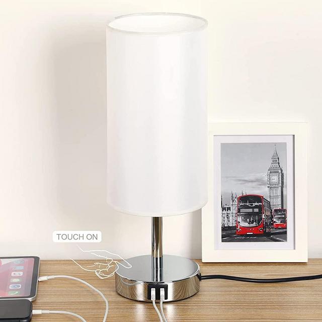 Bedside Lamp with USB Port - Touch Control Table Lamp for Bedroom 3 Way Dimmable Nightstand Lamp with Round White Fabric Shade for Living Room, Kids Room, College Dorm, Office(LED Bulb Included)