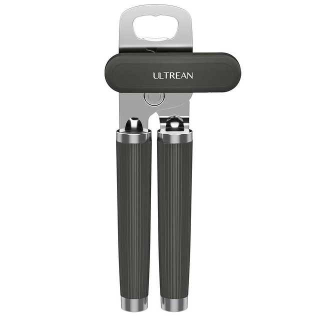 Ultrean Manual Can Opener Bottle Opener, Heavy Duty Stainless Steel Smooth Edge Manual Hand Held Can Opener With Soft Touch Handle, Rust Proof Oversized Handheld Easy Turn Knob (Gray)