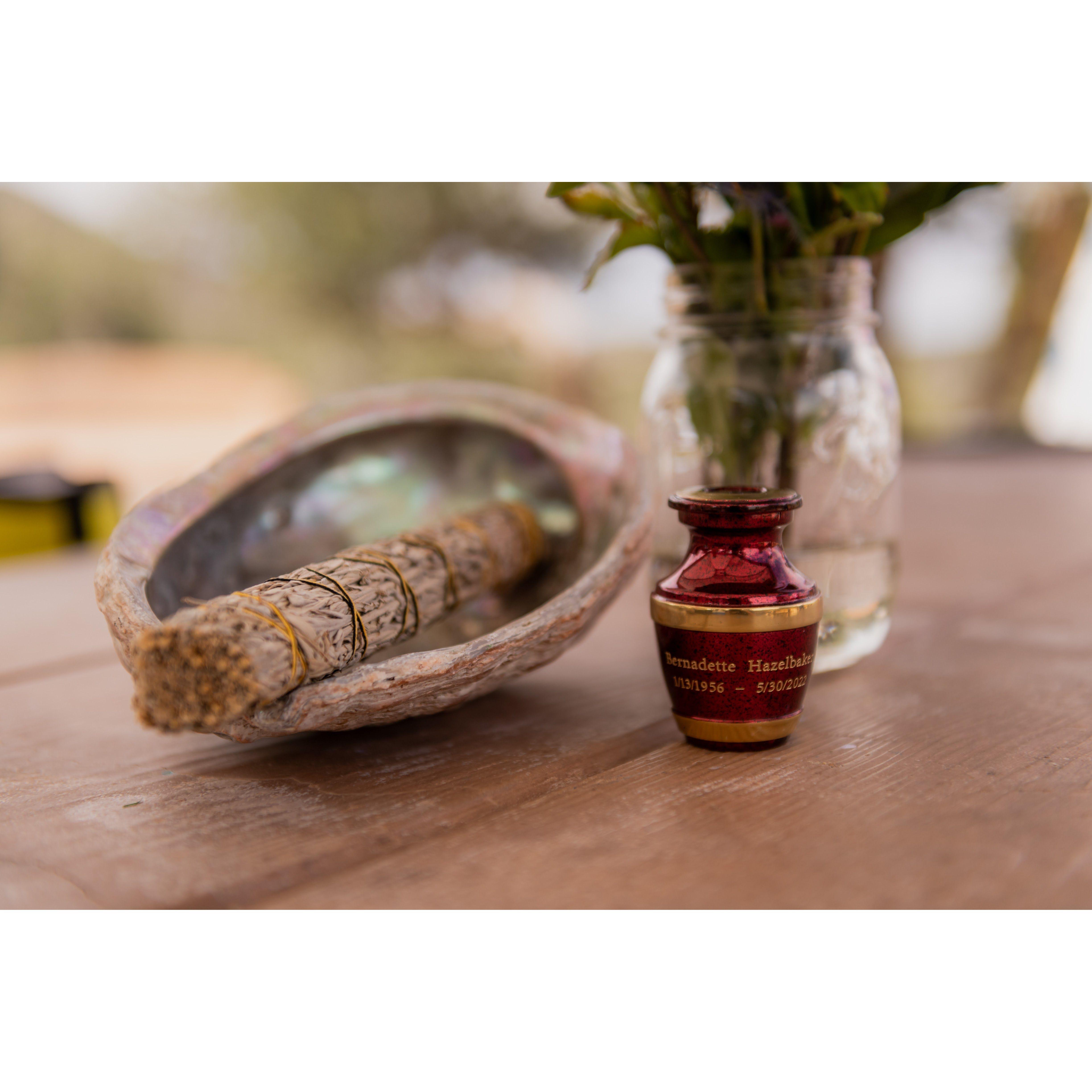 Bernie's ashes in a beautiful small urn.