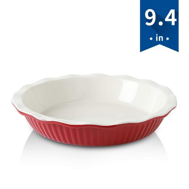 KOOV Ceramic Pie Pan, 9 Inches Pie Plate, Pie Dish for Dessert Kitchen, Round Baking Dish for Dinner (Cherry)