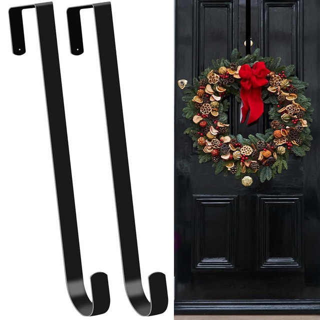 ESFUN Black Wreath Hanger for Front Door, Metal Wreath Hooks Holder Over The Door Wreath Hanger for Hanging Christmas Decorations Xmas Decor (2 Pack-Black, 12 Inch)