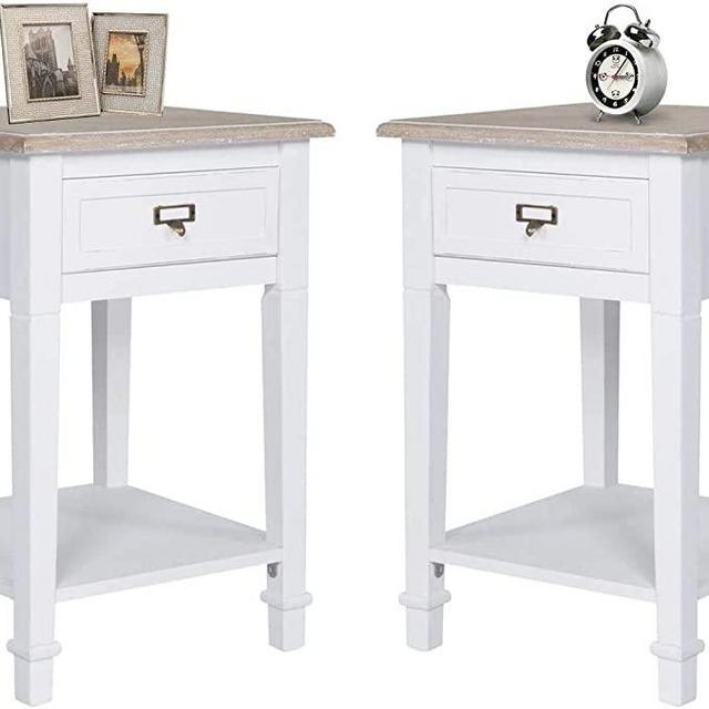 White Wooden End Tables Set of 2, Nightstand with Storage Drawer for Living Room Bedroom