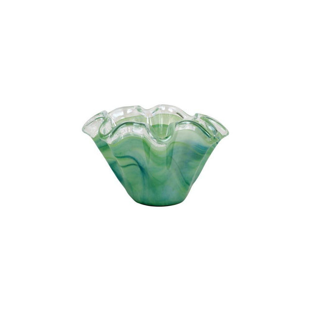 Vietri Onda Glass Green Petite Ruffled Bowl - 8.25" x 7" x 4.25" Decorative Artisan Glassware Decor