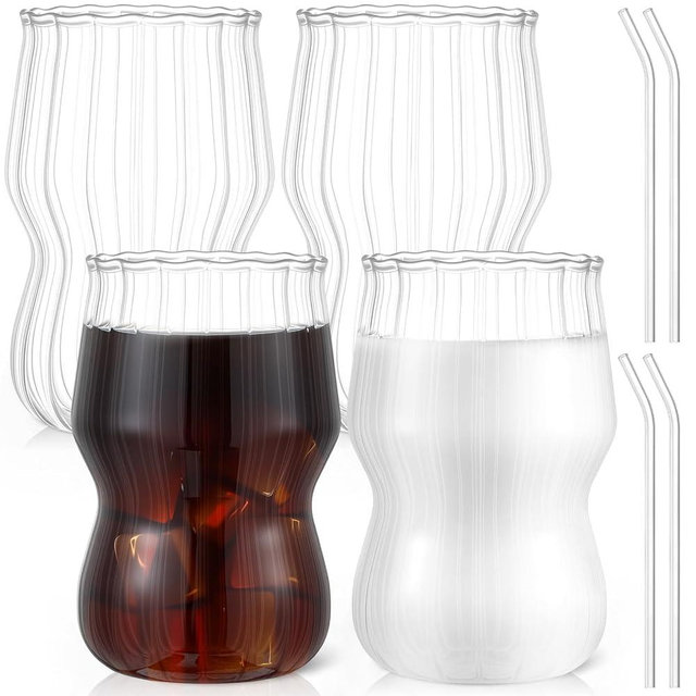 Jingmore 4 Pcs 20 oz Ribbed Glass Cups with Straws Vintage Drinking Glassware Wave Shape Design Iced Coffee Glasses for Cocktail Beverage Juice Drink