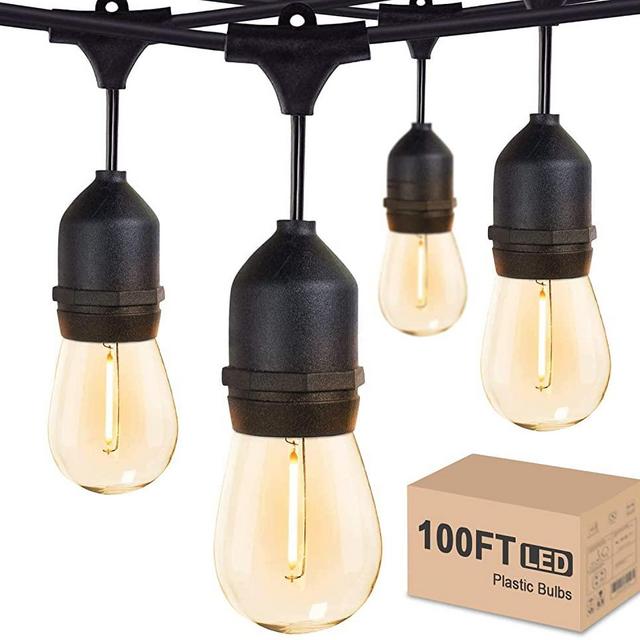 Outdoor String Lights LED 100FT Commercial Grade Heavy Duty Light String Lights with 30 Sockets 32 Shatterproof Plastic Bulbs Include 2 Spare S14 Dimmable Edison Bulbs Patio Market Cafe String Lights