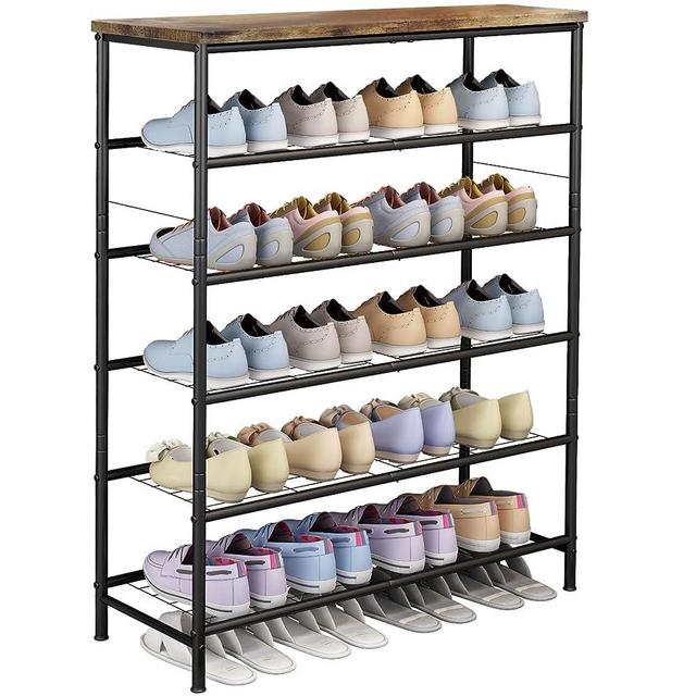 SUOERNUO Shoe Rack Organizer 6 Tier for Closet Entryway Industrial Shoe Tower Free Standing Metal Storage Shoe Shelf with MDF Top Board，Black+Rustic Brown