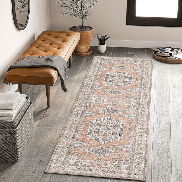 Valenrug Washable Runner Rug 2'6x6 - Ultra-Thin, Stain Resistant, Antique Collection Area Rug for Living Room Bedroom, Distressed Vintage Rug(Peach/Yellowish, 2'6"x6')