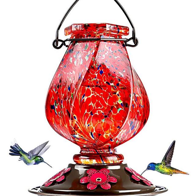 BOLITE Hummingbird Feeder, 18058R Hand Blown Glass Hummingbird Feeders for Outdoors Hanging, 22 Ounce, 5 Feeding Ports with Perch, Red