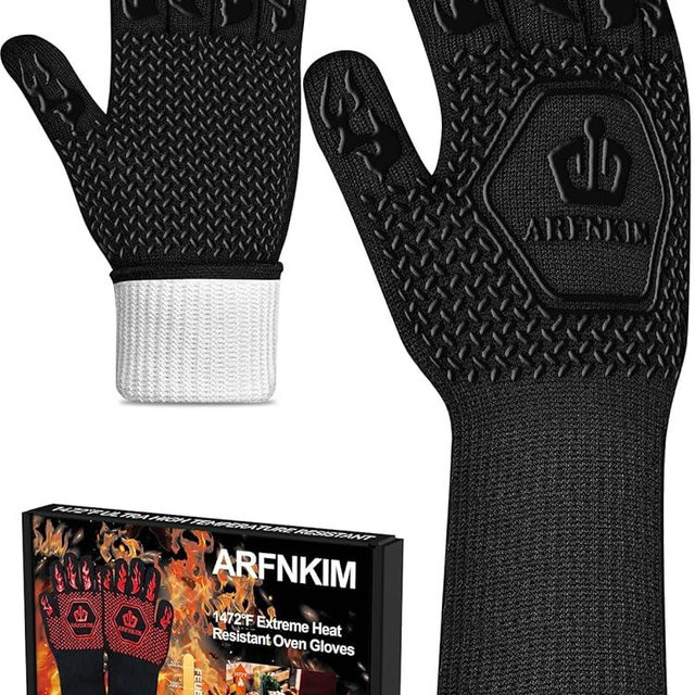 ARFNKIM BBQ Oven Gloves 1472℉ Heat Resistant Oven Mitts Silicone Non-Slip Cooking Gloves for Barbecue, Grilling, Baking, Welding, Smoker (A Pair) (Black)