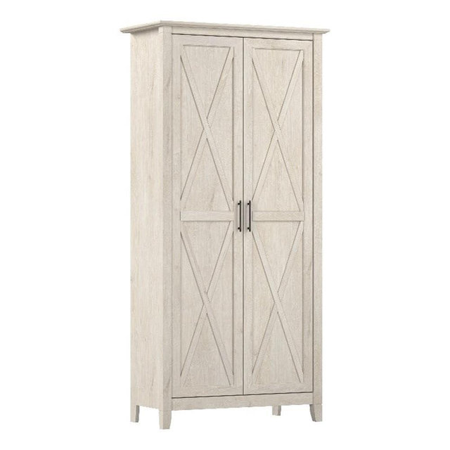 Bush Furniture Key West Tall Bathroom Cabinet with Doors and Shelves in Linen White Oak, Freestanding Restroom Organizer for Towels, Toiletries, and More