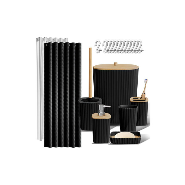Nestl Bathroom Accessories Set, Black Bathroom Set with Shower Curtain Set, Trash Can & Soap Dispenser
